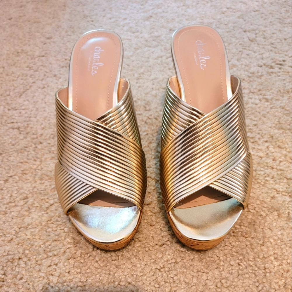 LNW CHARLES BY CHARLES DAVID GOLD WEDGE HEEL SANDALS SIZE 10